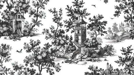 Toile de jouy pattern design file showing intricate black and white pastoral scenes