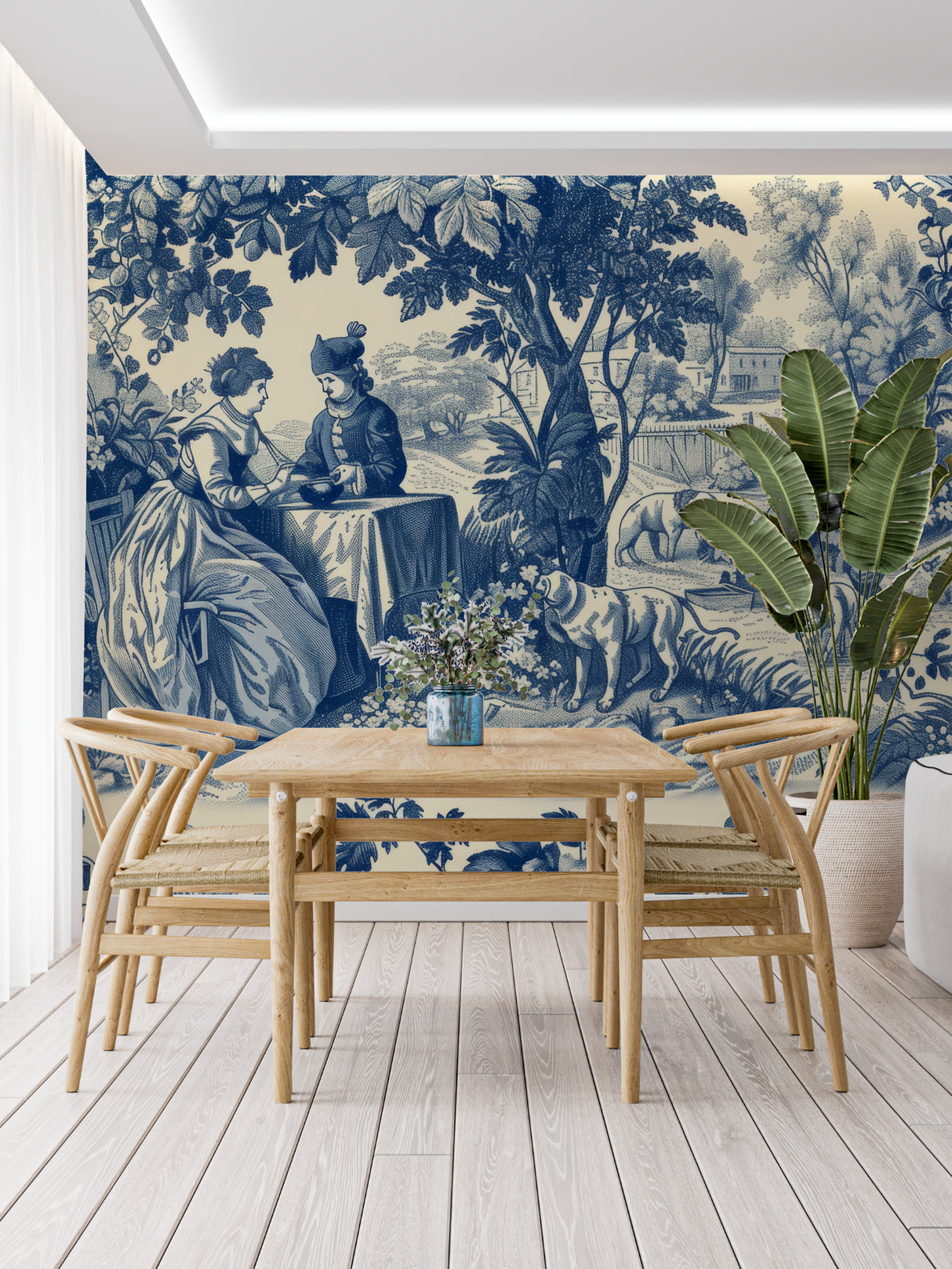 Classic blue Toile de Jouy mural in a bright master bedroom with white trim