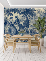Classic blue Toile de Jouy mural in a bright master bedroom with white trim