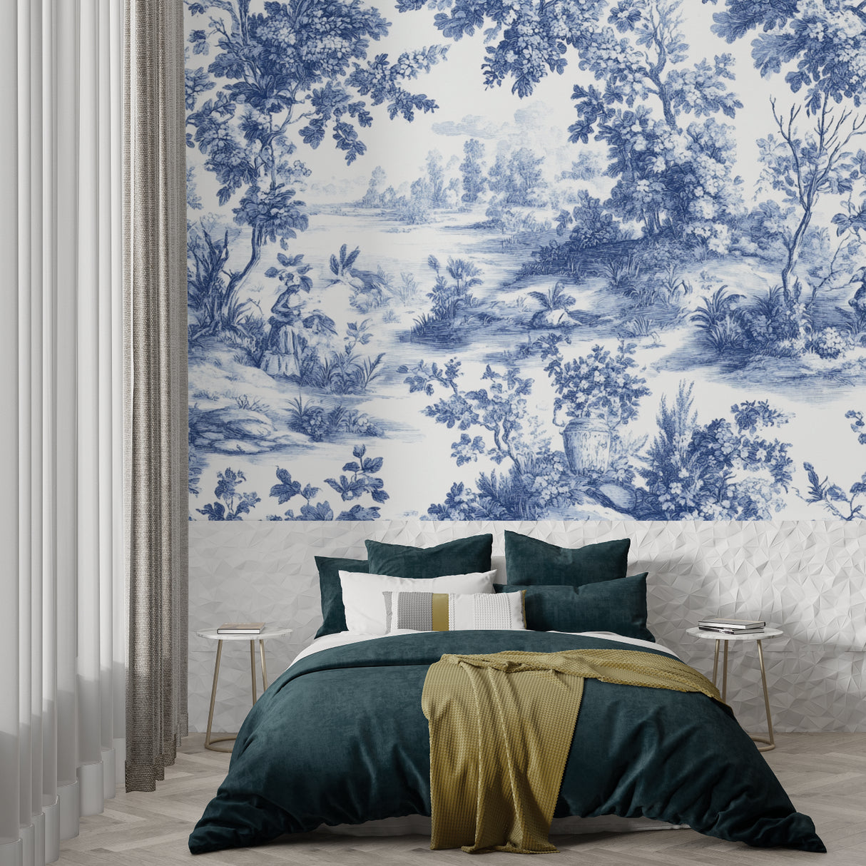 Vintage French Toile pattern wallpaper creating depth in a cozy bedroom