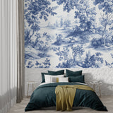 Vintage French Toile pattern wallpaper creating depth in a cozy bedroom