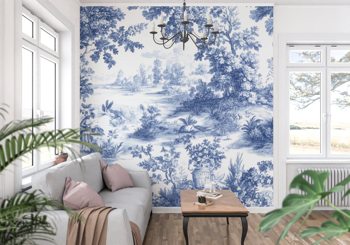 French Toile wallpaper bringing elegance to a reading nook