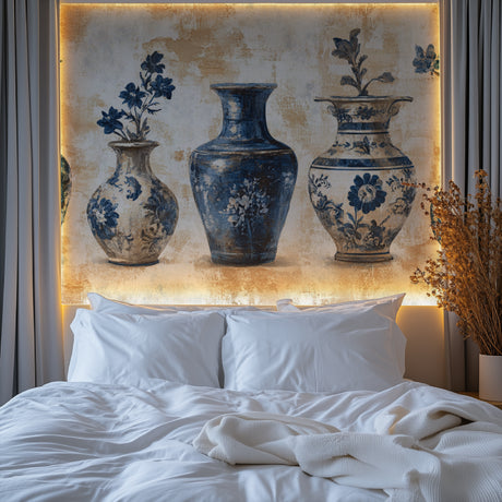 Blue porcelain vase wallpaper in elegant dining room with crystal chandelier