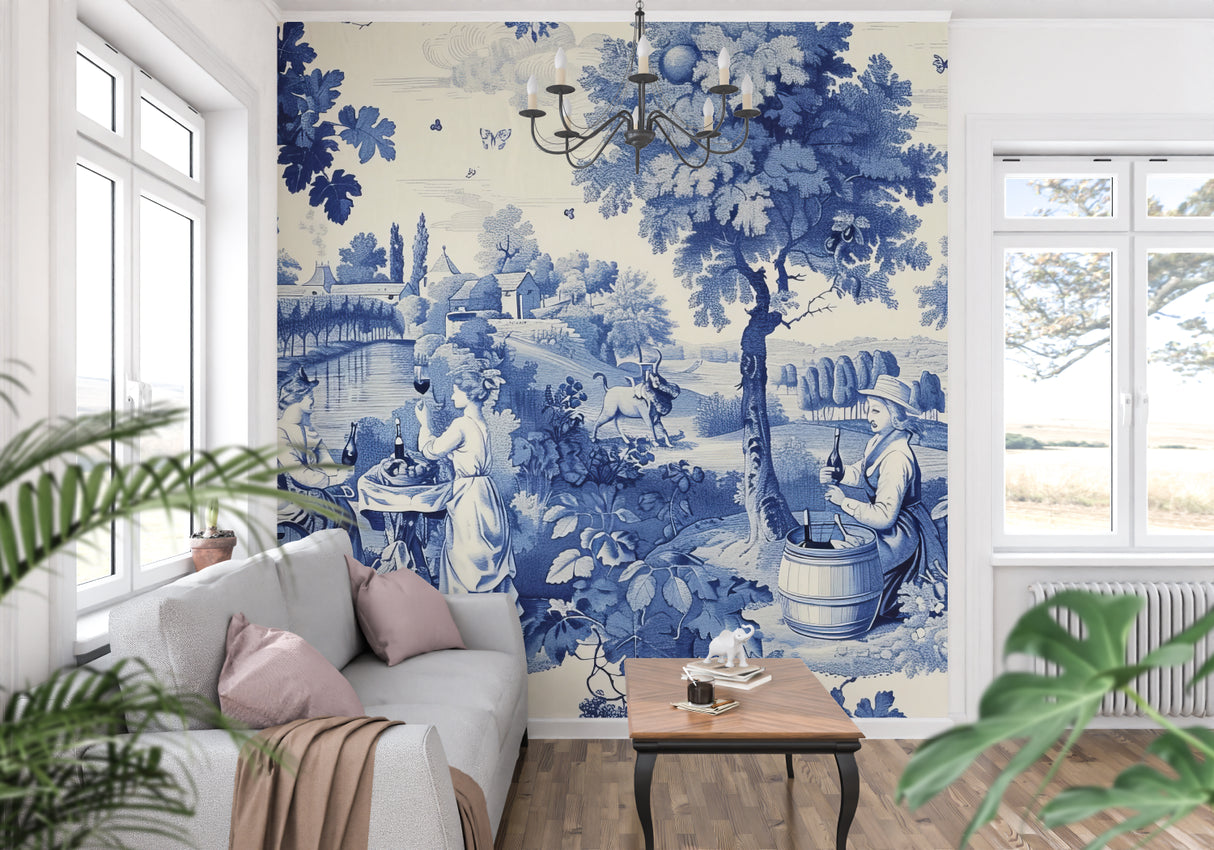 Blue Toile de Jouy wallpaper in a bright dining room showing French countryside scene