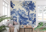 Blue Toile de Jouy wallpaper in a bright dining room showing French countryside scene