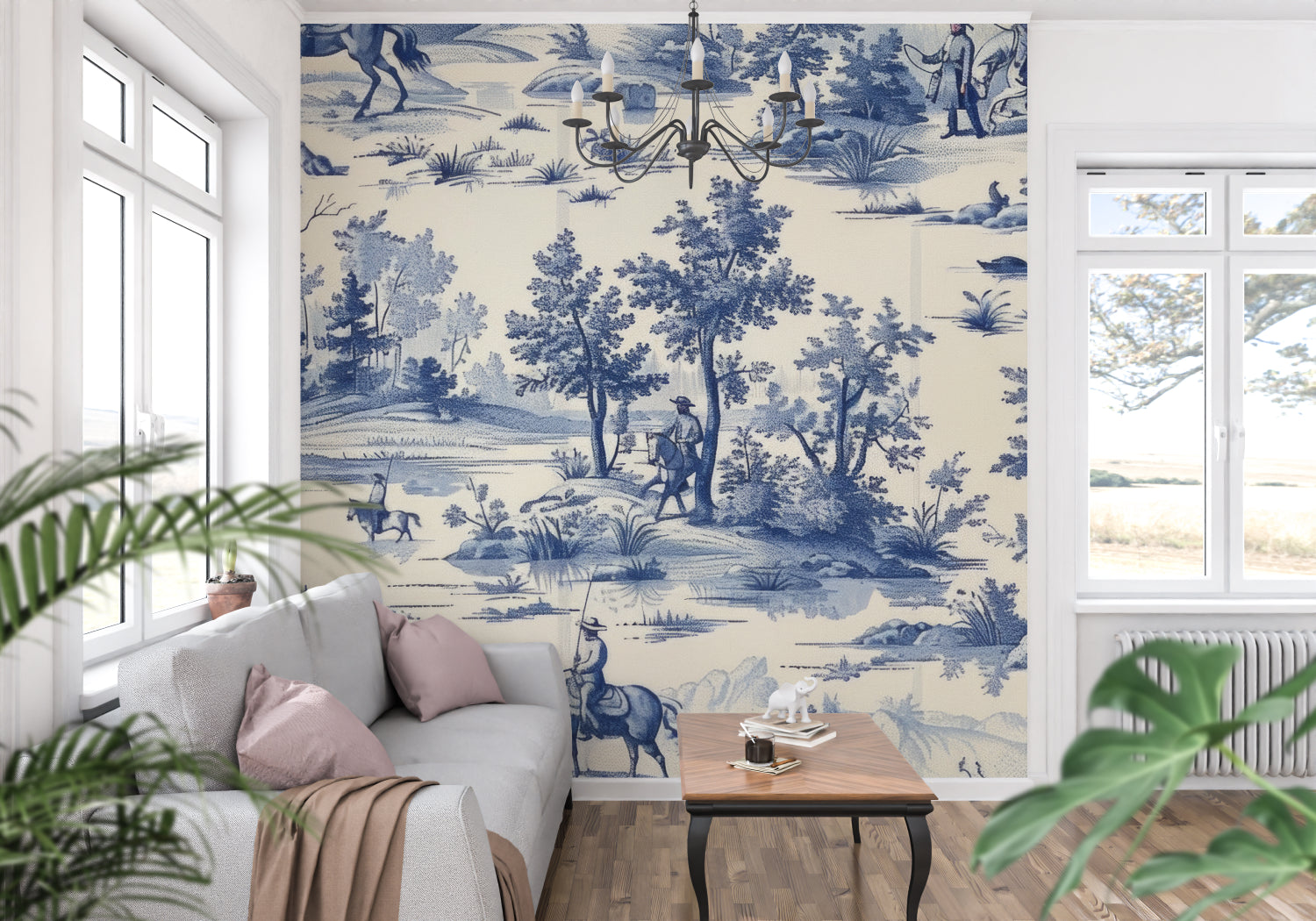 Blue Toile de Jouy wallpaper in an elegant dining room showing detailed countryside scenes