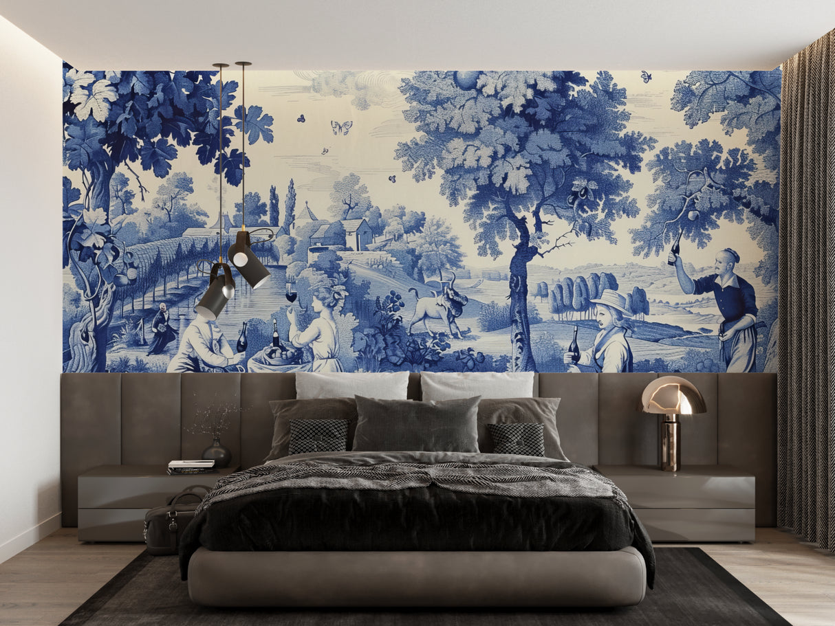 French blue Toile wallpaper adding charm to a master bedroom