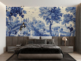 French blue Toile wallpaper adding charm to a master bedroom