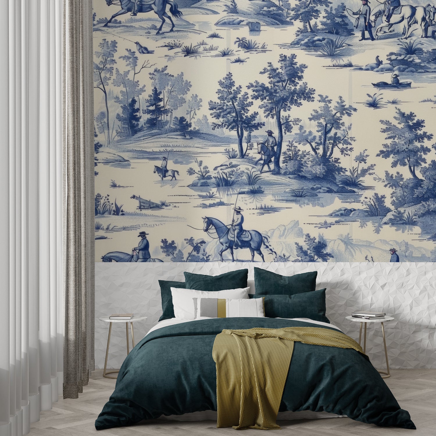French countryside Toile wallpaper creating a cozy reading nook atmosphere