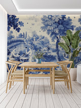 Traditional blue Toile wallpaper enhancing a hallway space