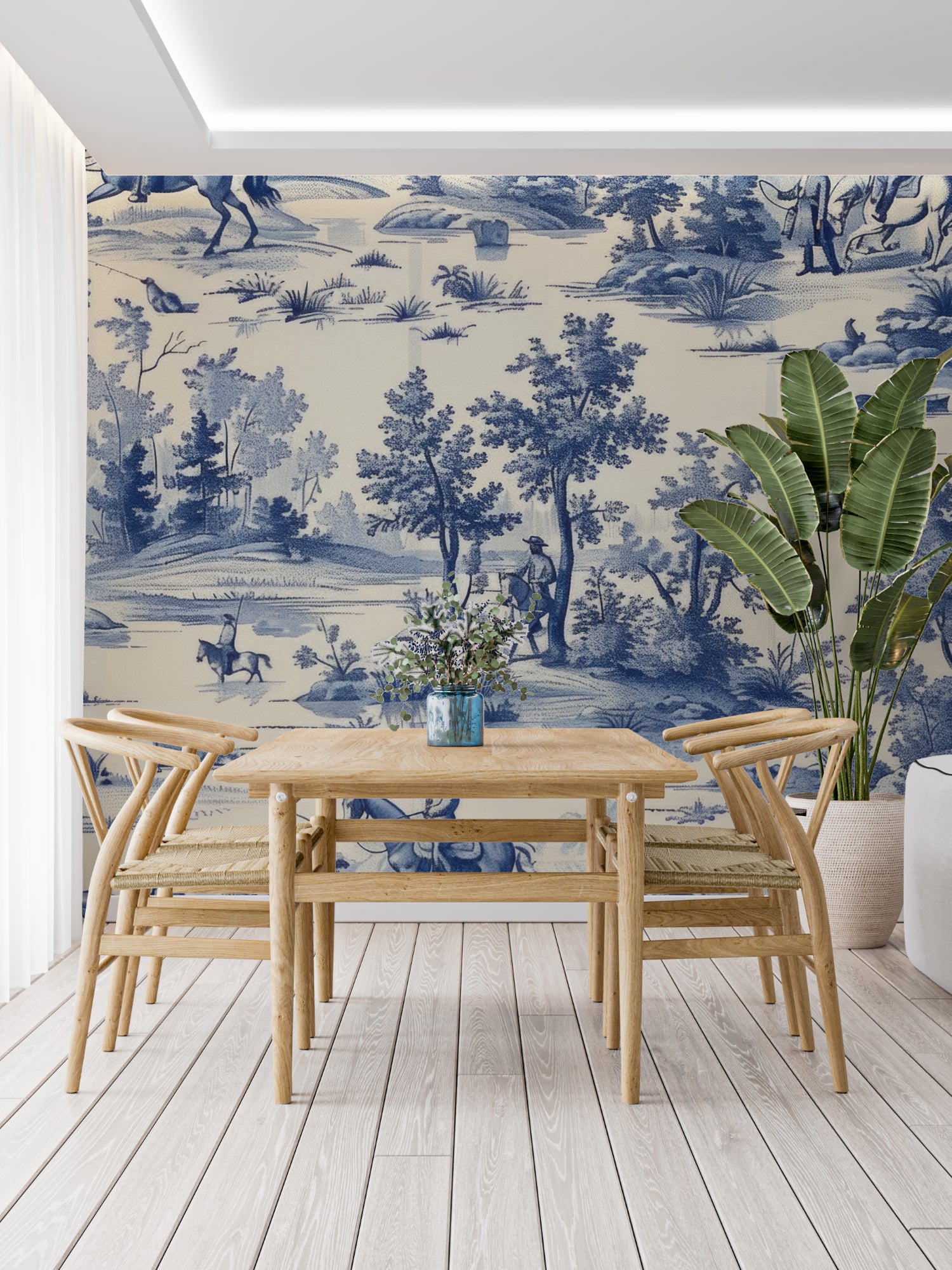 Traditional French Toile pattern adorning a living room wall