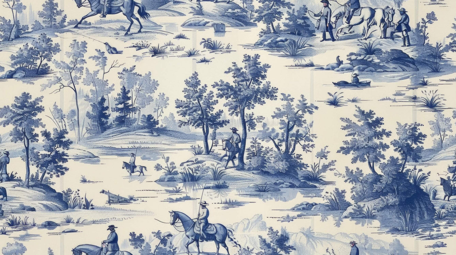Design file of Blue Toile de Jouy countryside pattern showing complete wall coverage