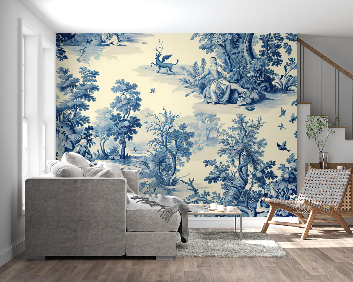 French Toile forest pattern transforming classic bedroom walls