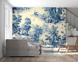 French Toile forest pattern transforming classic bedroom walls