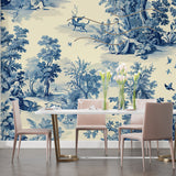 Blue Toile de Jouy mural making statement in home office