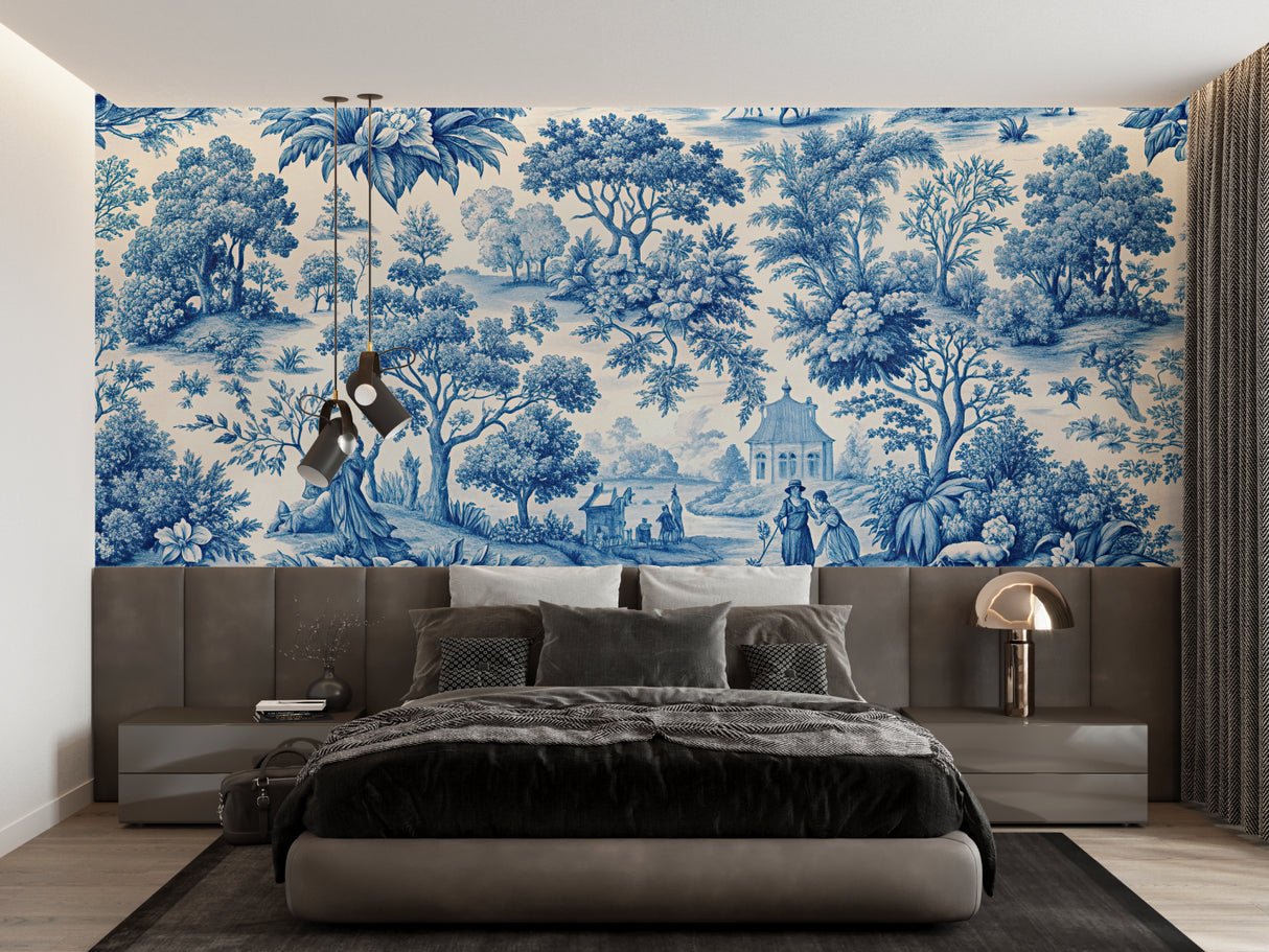 Classic French Toile wallpaper bringing charm to a modern living room setting