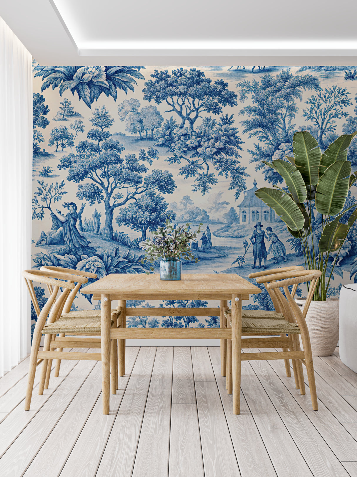 Vintage blue Toile de Jouy mural creating depth in a bright bedroom