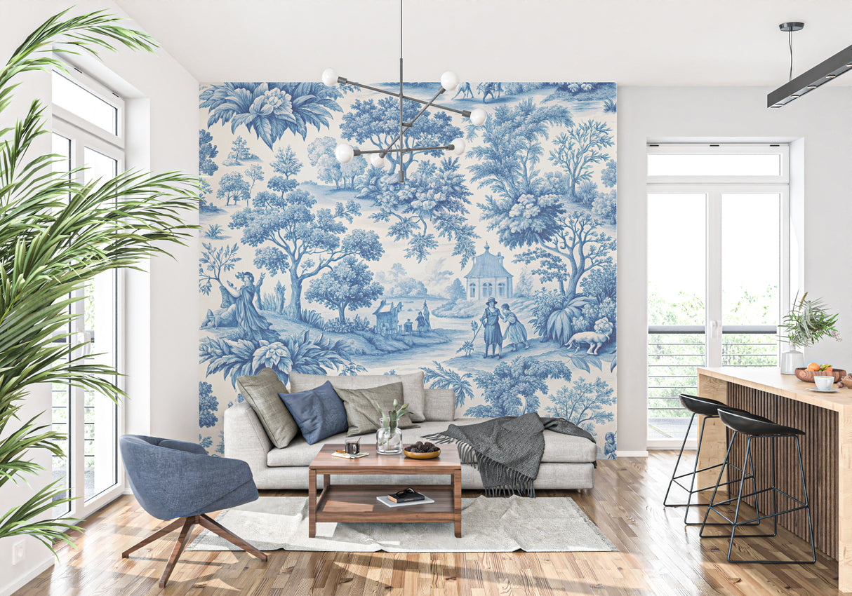 Pastoral scene Toile de Jouy mural adding character to a home office