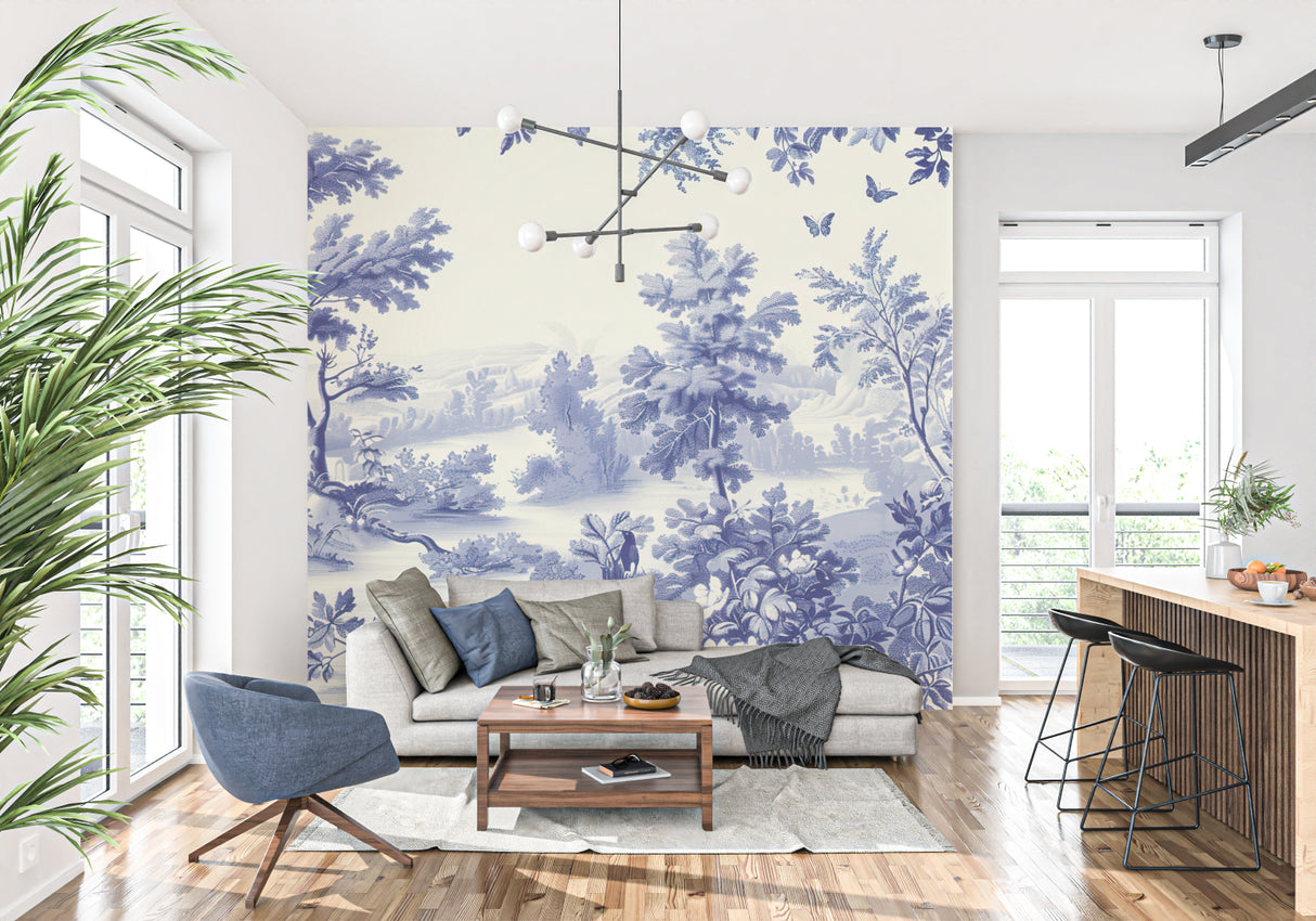 Classic blue toile wallpaper bringing charm to a cozy dining room