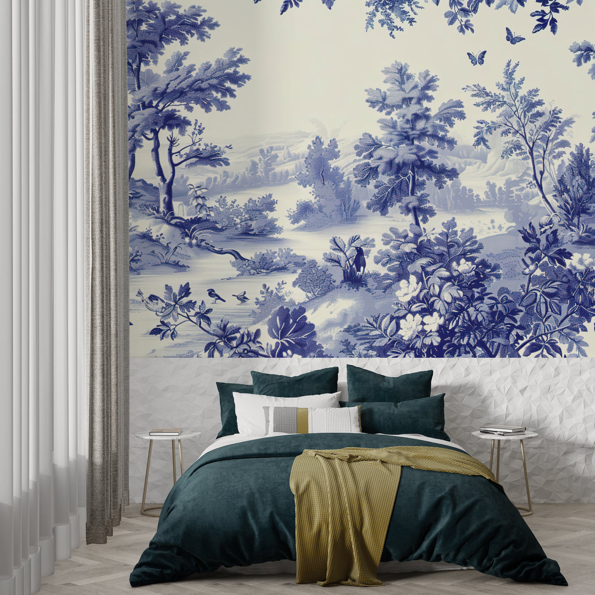 French toile pattern mural creating elegance in a master bedroom