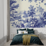 French toile pattern mural creating elegance in a master bedroom