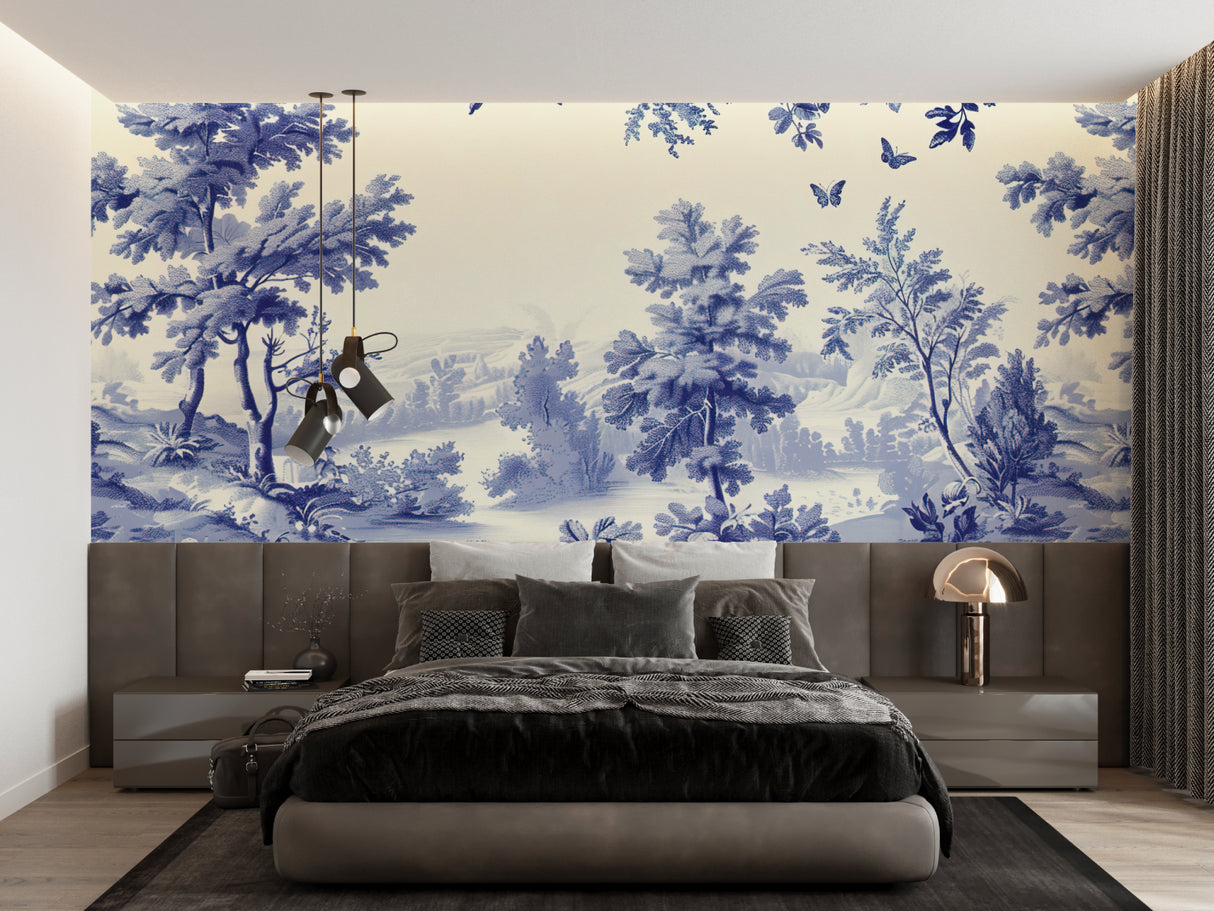 Vintage blue toile wallpaper in a modern home office setting