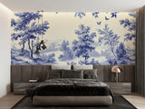 Vintage blue toile wallpaper in a modern home office setting
