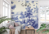 Blue and white toile mural making a statement in an entryway