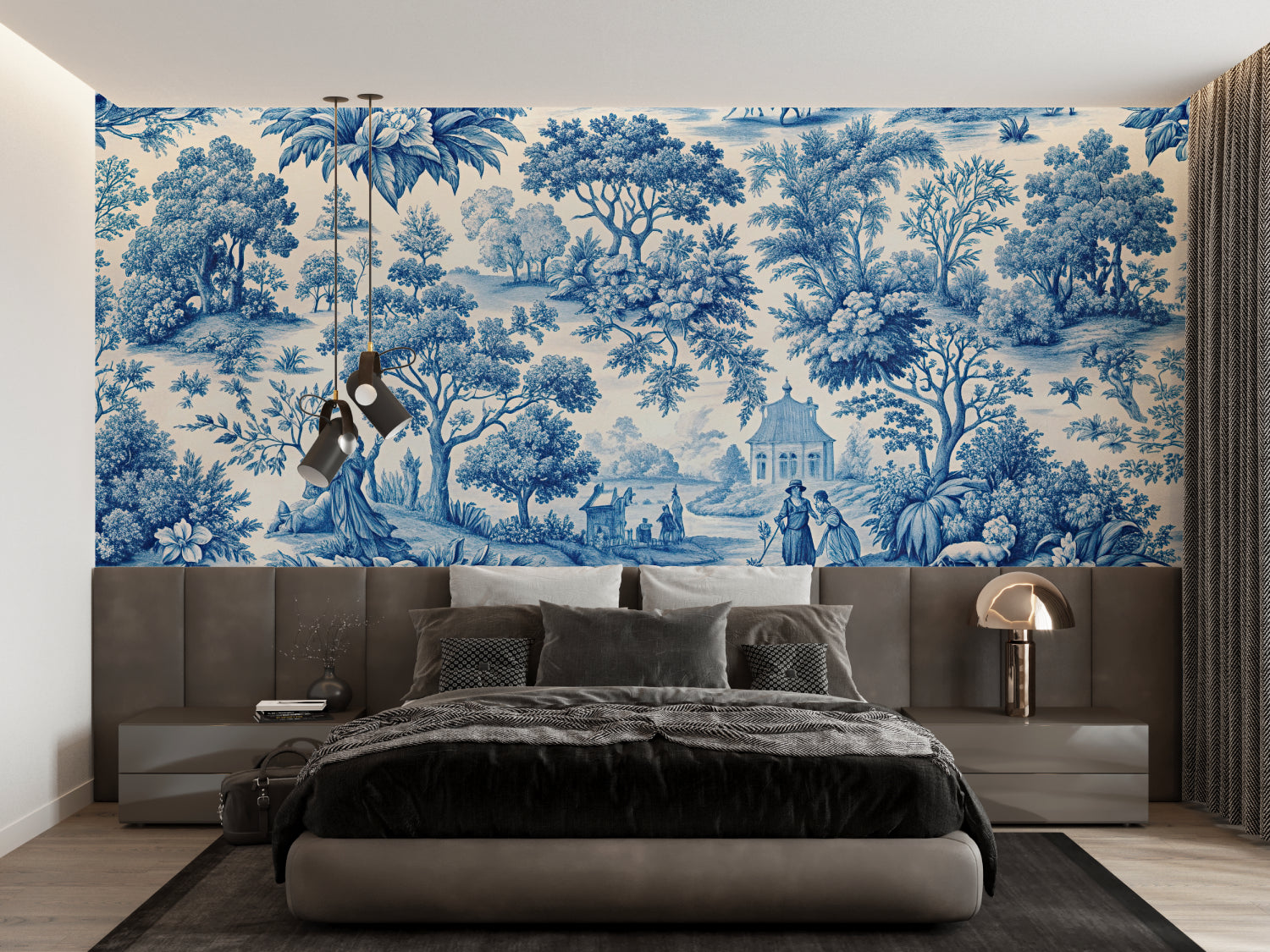 Blue Toile wallpaper in home office featuring classic French countryside illustrations