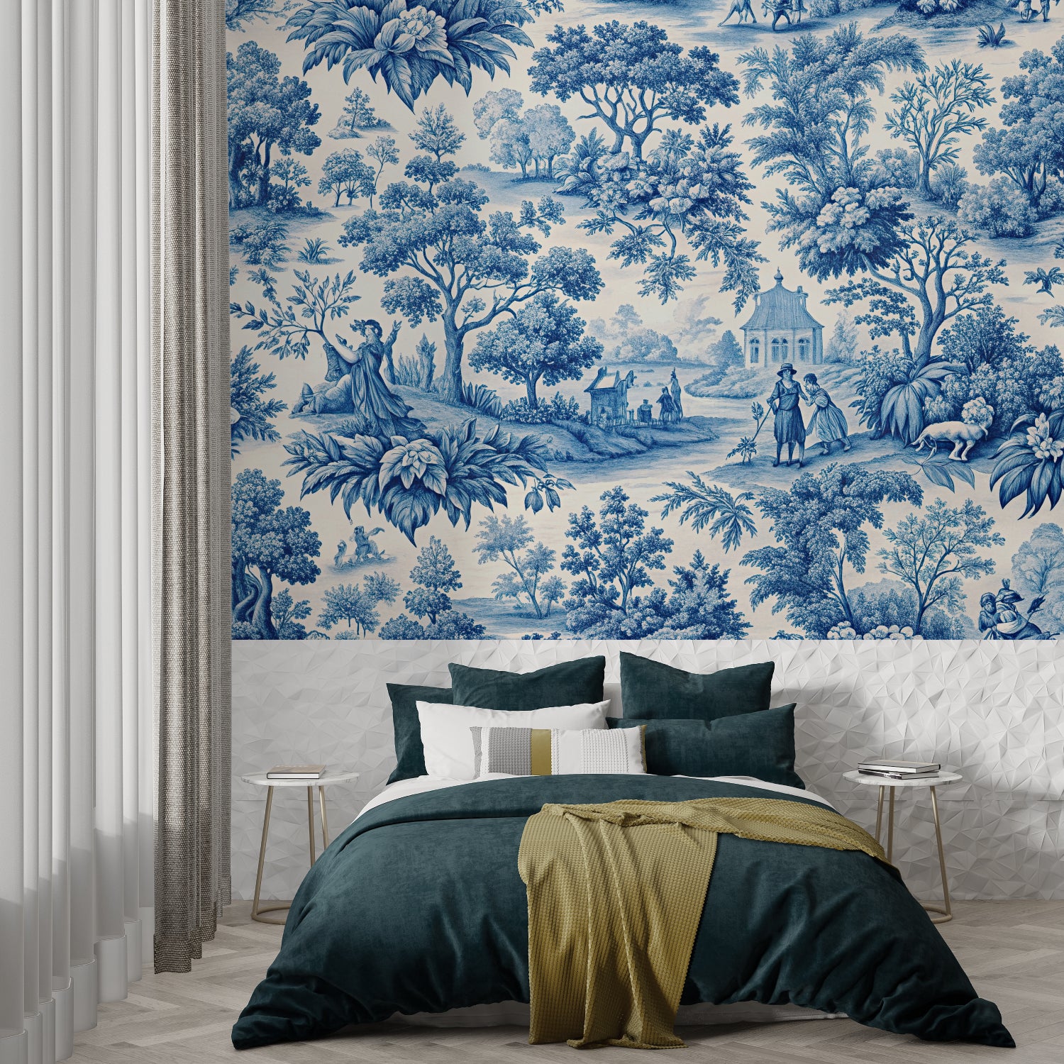 Vintage style Toile de Jouy wall mural in entryway showing delicate blue pastoral patterns