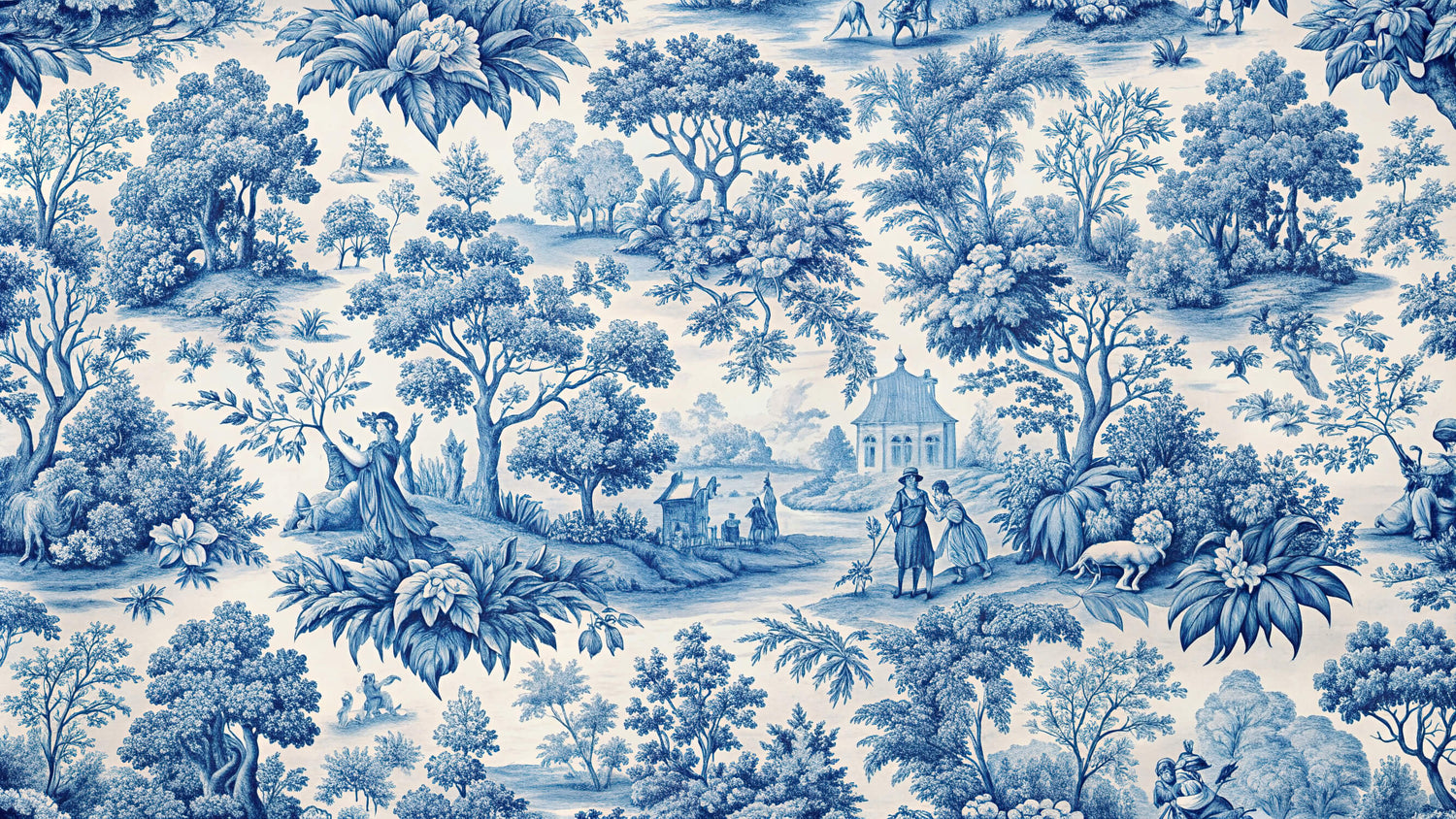 Design file of Blue Toile de Jouy wallpaper pattern showing full pastoral scene illustration