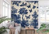 Blue Toile de Jouy wallpaper in an elegant living room, showing butterflies and botanical patterns