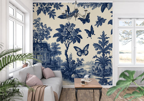 Blue Toile de Jouy wallpaper in an elegant living room, showing butterflies and botanical patterns