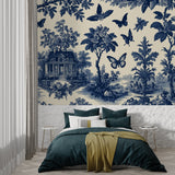 Classic blue Toile de Jouy mural in a master bedroom setting