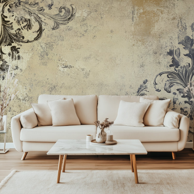 Vintage ornamental wallpaper in elegant dining room with crystal chandelier and wooden furniture