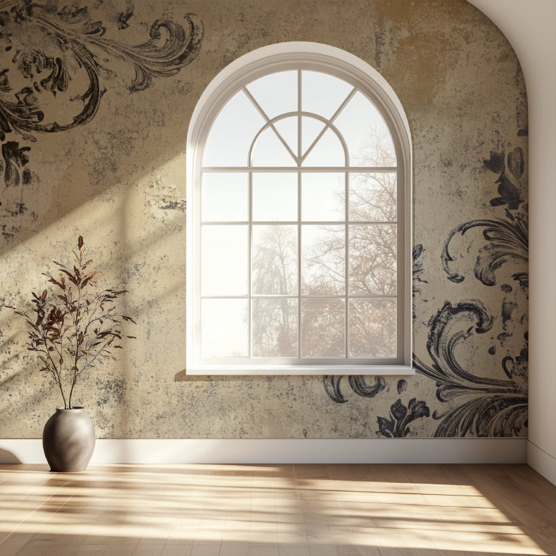 Classic beige damask wallpaper in modern living room setting with minimalist decor