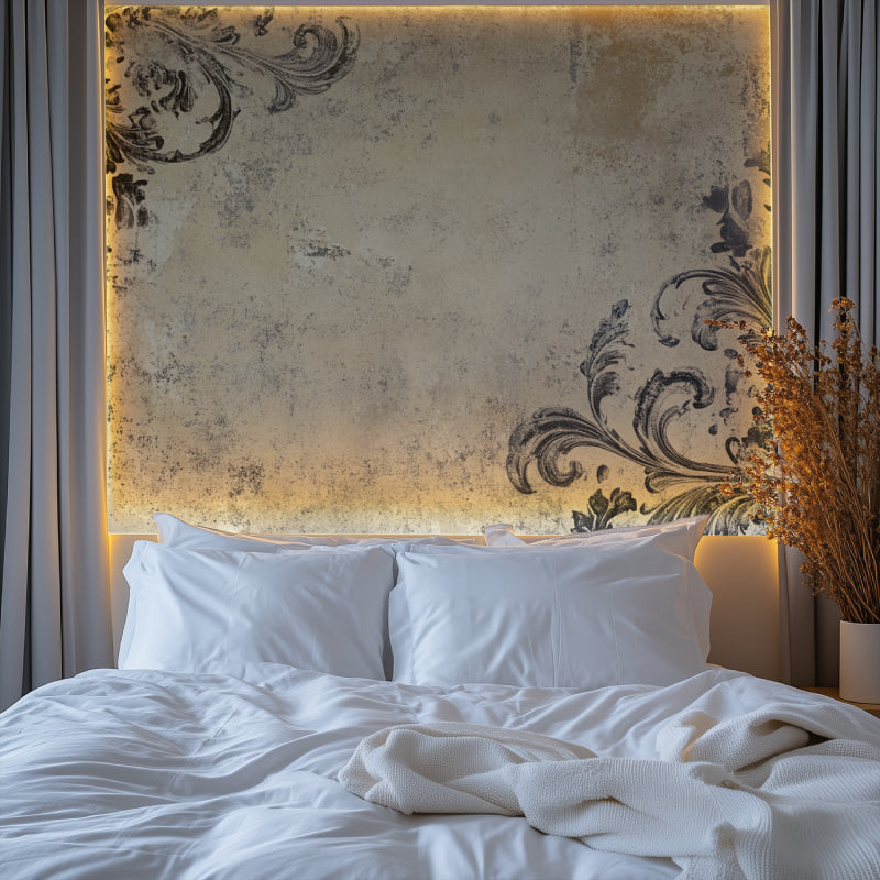 Ornamental wall mural creating sophisticated atmosphere in master bedroom