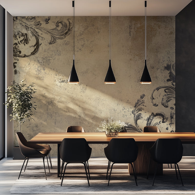 Beige damask wallpaper in hallway with antique mirror and console table