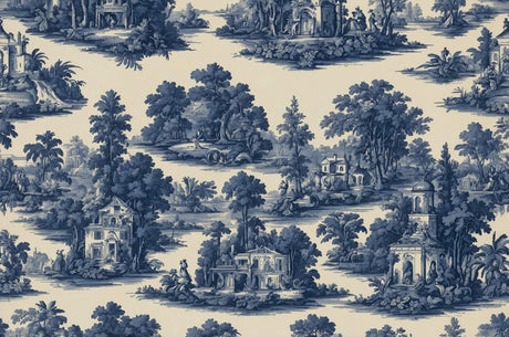 Design file showing intricate details of the blue Toile de Jouy pastoral pattern