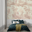 Vintage Toile de Jouy wallpaper in an elegant dining room with natural light and classic furniture