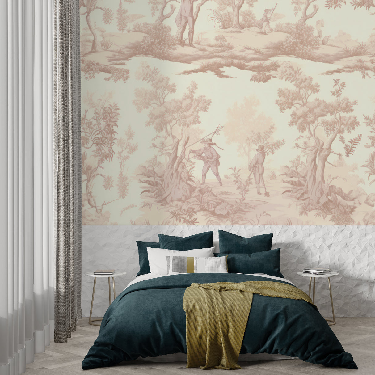 Vintage Toile de Jouy wallpaper in an elegant dining room with natural light and classic furniture