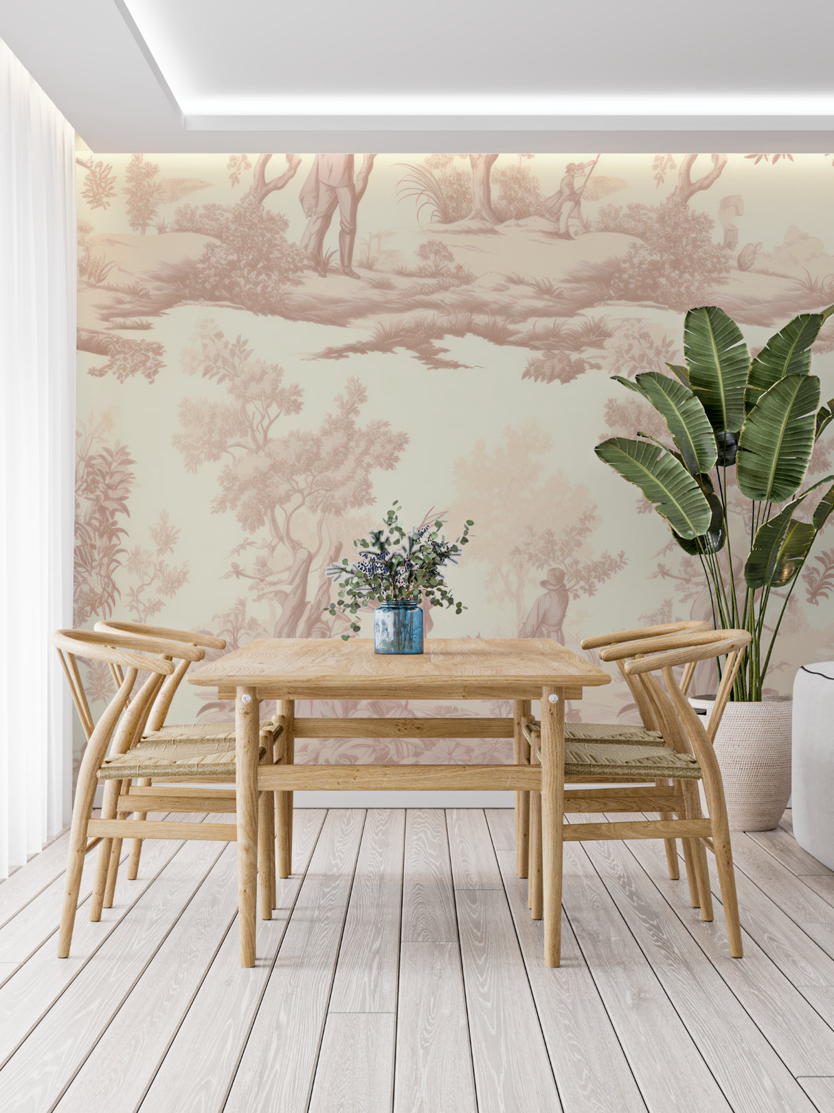 French pastoral wallpaper creating a cozy reading nook in a living room corner