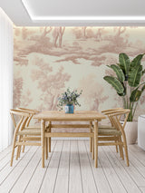 French pastoral wallpaper creating a cozy reading nook in a living room corner