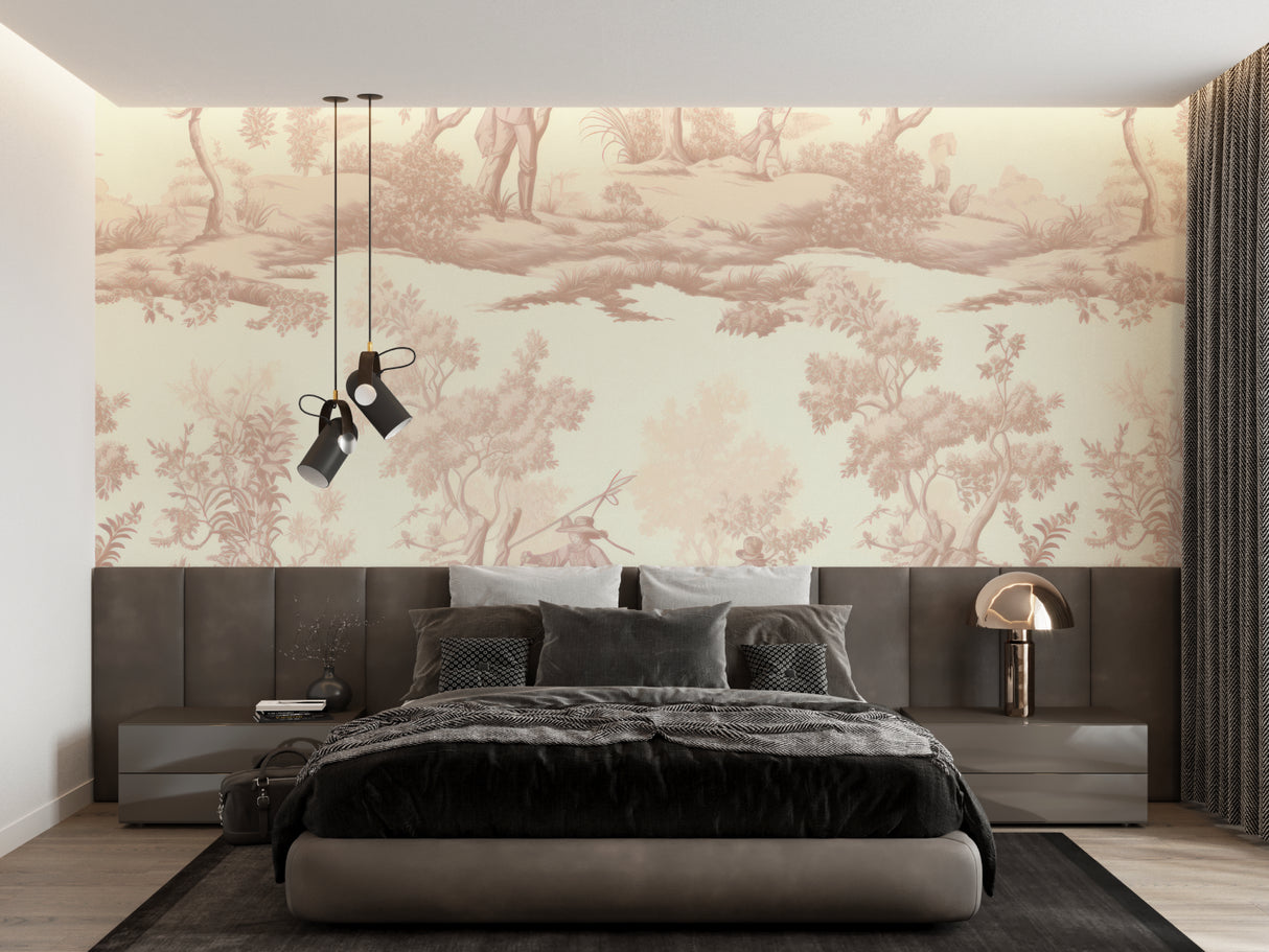 Beige Toile de Jouy mural in a modern bedroom with minimal decor