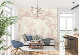 Classic French wallpaper pattern in a bright hallway with white trim