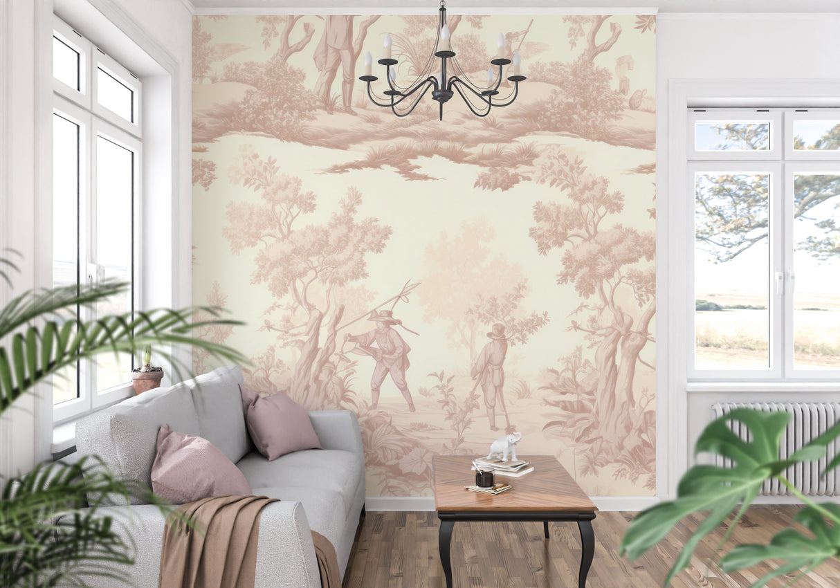 Toile wallpaper creating an accent wall in a home office space