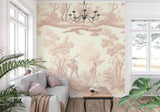 Toile wallpaper creating an accent wall in a home office space