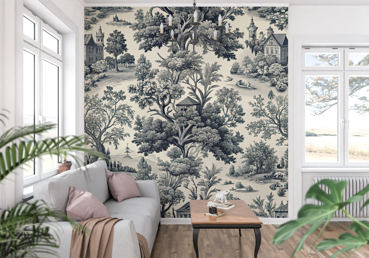 Classic Toile de Jouy pattern making a statement in a cozy reading nook