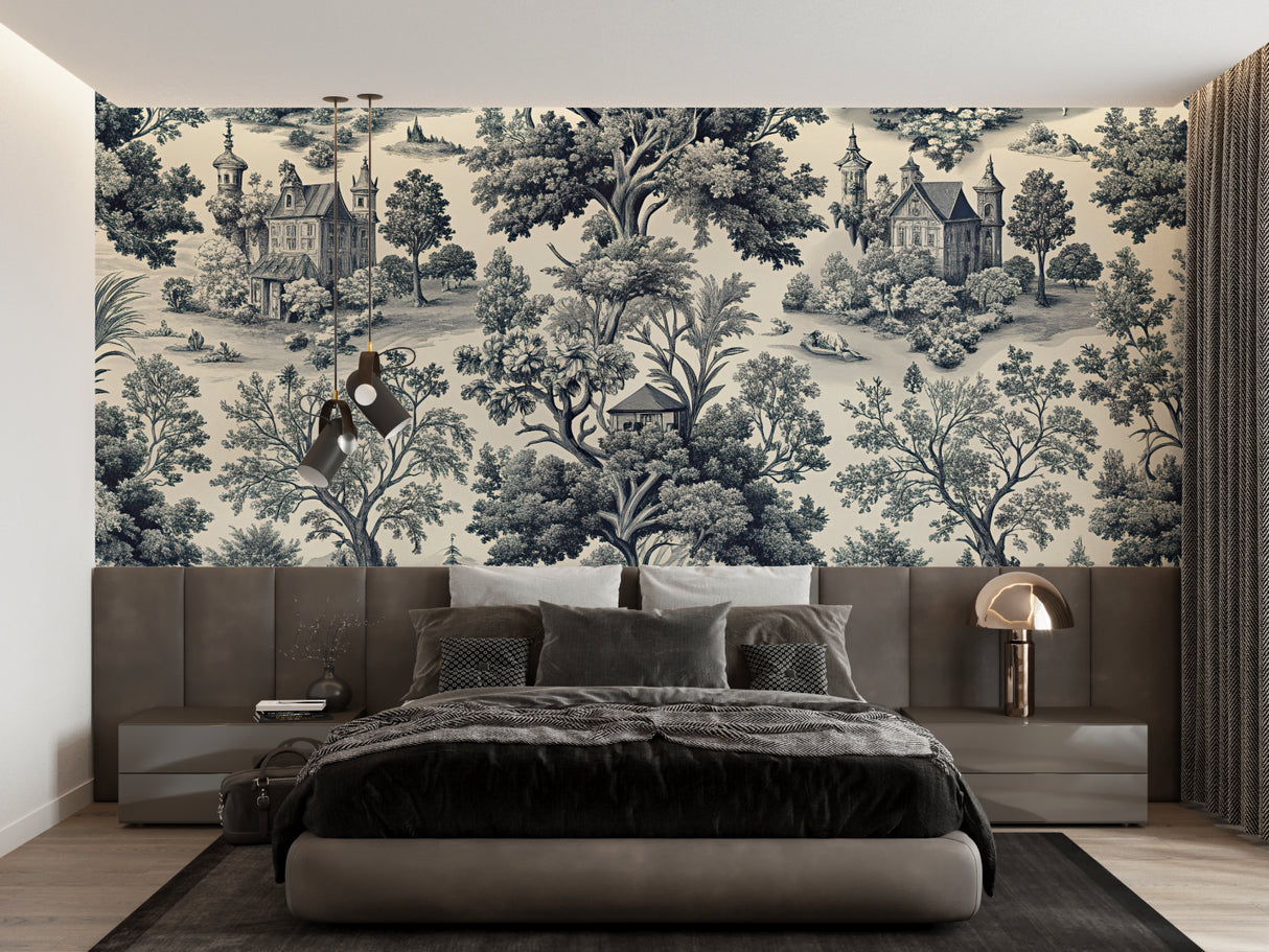 Vintage black and white Toile wallpaper in a bright living room space