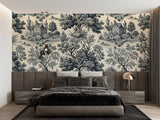 Vintage black and white Toile wallpaper in a bright living room space